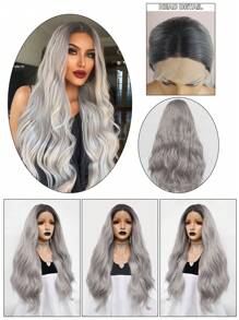 13*4*1 中分 T 型橙色紫色银灰色混合灰色合成蕾丝前假发，预拔自然发际线，女士 28 英寸长耐热蓬松波浪发高清透明蕾丝前假发 - 彩色 - 查看 13