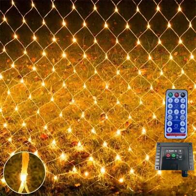 1pc Solar Net Lights 96/192 LEDs Transparent Wire Waterproof 8 Lighting Modes Auto On/Off With Remote Controll, Outside Garden Twinkle Lights For Patio Wall Roof Balcony Christmas Halloween Decor Fairy Lights, 4.9*4.9Ft/9.8ft*6.6ft