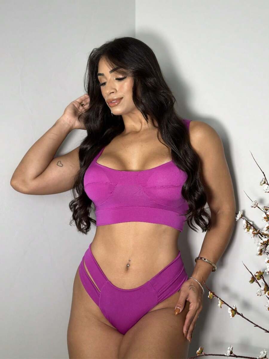 HRO MODAS FEMININA, Asa Delta Bikini With Support Top And Cups, High-Waisted Panties With Wide Strap Details. - 玫瑰紅 - 查看 1