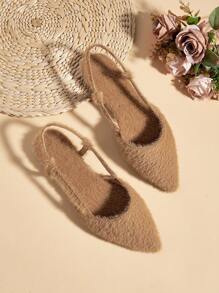 2024 New Women's Fashion Versatile European & American Style Pointed Toe Backless Flat Shoes, Slip-On Fuzzy Shoes