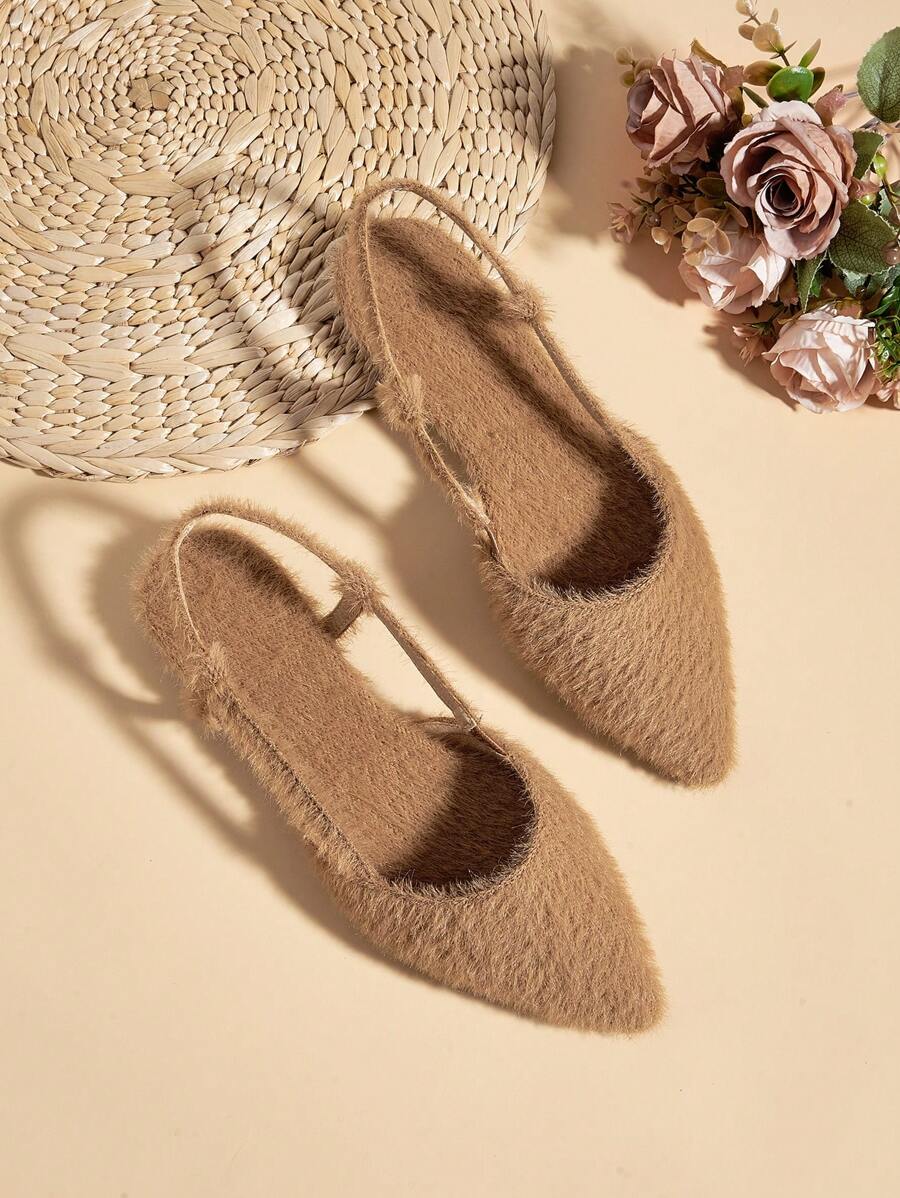 2024 New Women's Fashion Versatile European & American Style Pointed Toe Backless Flat Shoes, Slip-On Fuzzy Shoes