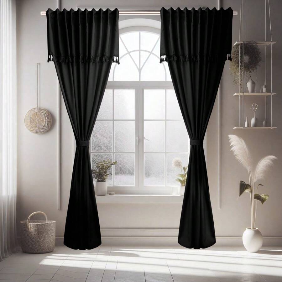 Pannello di tenda in nylon trasparente di alta qualità, 1 pezzo, 140*250cm, resistente alle pieghe, confortevole e morbido, blocca i raggi UV, con decorazione a nappine, design con cordoncino, stile scandinavo moderno, buon effetto oscurante, adatto per soggiorno, camera da letto, sala da pranzo, studio e vari stili di arredamento interno. - Nero 25B - Visualizzare 1