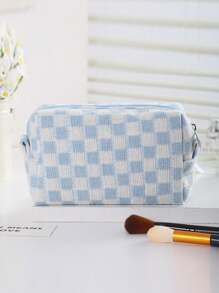 Túi đựng mỹ phẩm đan Checkerboard Túi đựng đồ đan Túi đựng đồ vệ sinh cá nhân Túi đựng mỹ phẩm dung tích lớn di động - Xanh và trắng - Xem 3