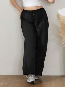 Women's Casual Joggers Sweatpants Solid Color Drawstring High Waist Wide Leg Trousers - Black - View 4