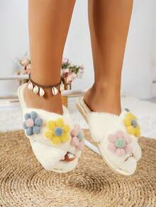 Dép xỏ ngón nữ có họa tiết hoa, hở mũi, màu be, dùng trong nhà và ngoài trời - Màu be - Xem 3