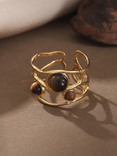 SophiaXuan 1pc Fashionable Vintage Classic Minimalist Stainless Steel Geometric Stone Brown Ring, Elegant Everyday/Party/Mother's Day Wear For Women