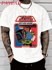 PAYEAH Video Games Rot Your Brains T Shirt (Single Piece)100% Cotton 220g Heavy Cotton T Shir - 白色 - 查看 1