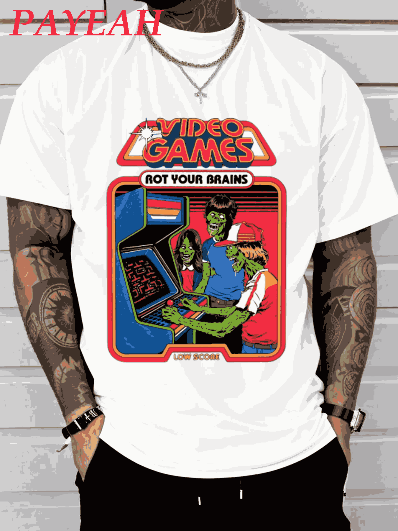 PAYEAH Video Games Rot Your Brains T Shirt (Single Piece)100% Cotton 220g Heavy Cotton T Shir - 白色 - 查看 1