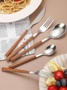 Bộ dao kéo bằng thép không gỉ 5/20/30 món Giáng sinh, Dao nĩa tay cầm bằng nhựa họa tiết gỗ, Thích hợp cho gia đình, nhà bếp, khách sạn, tiệc tùng, trang trí nhà, quà tặng năm mới - Bạc - Xem 3