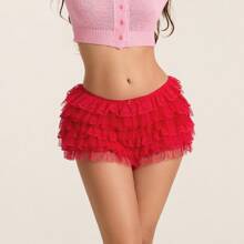Women's Boy Short Panties Lace Ruffle Shorts Lolita Bloomers Y2k Fairy Layered Frill Cute Fluffy Micro Shorts Pettipants - 紅色 - 查看 4