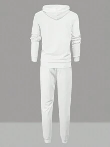 DIFFLAND 春季男士休闲日常生活柔软舒适卫衣套装 2件套 纯色连帽卫衣套装 白色长袖连帽卫衣运动裤套装全套