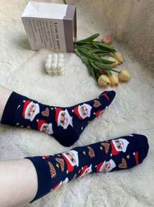 2 đôi tất dài đến bắp chân họa tiết ông già Noel và trái tim, ngôi sao nhiều màu xanh dành cho nữ, thoải mái, mềm mại, chủ đề Giáng sinh - Nhiều màu - Xem 2