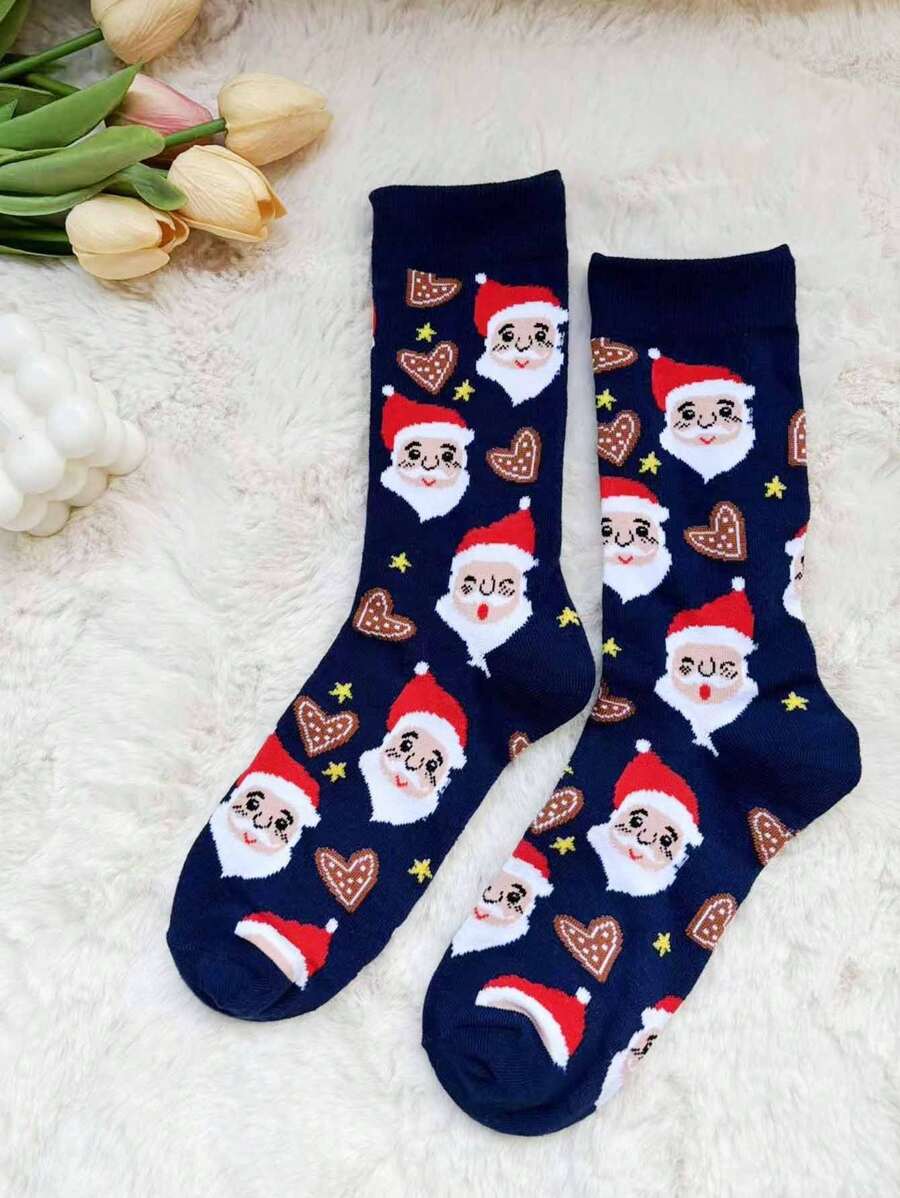 2 đôi tất dài đến bắp chân họa tiết ông già Noel và trái tim, ngôi sao nhiều màu xanh dành cho nữ, thoải mái, mềm mại, chủ đề Giáng sinh - Nhiều màu - Xem 1
