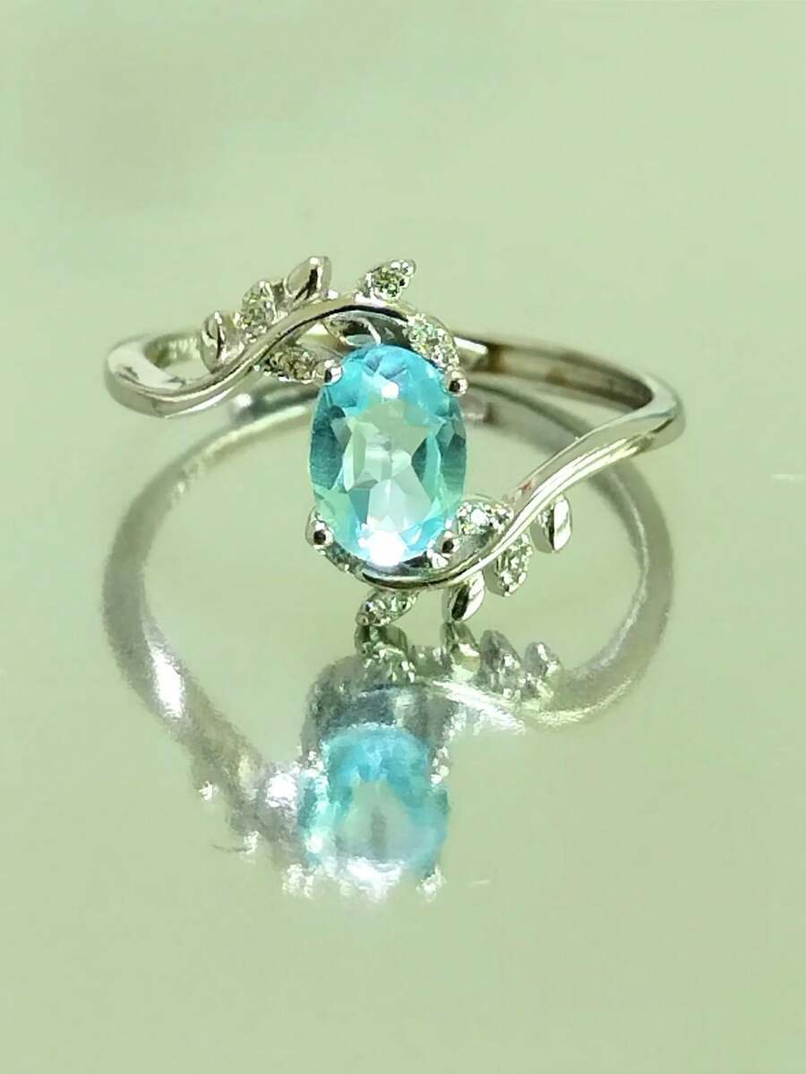 1 件 925 银紫水晶或天然托帕石叶形开口戒指，精美的礼物之选，适合女性日常和派对佩戴 - 藍色 - 查看 1