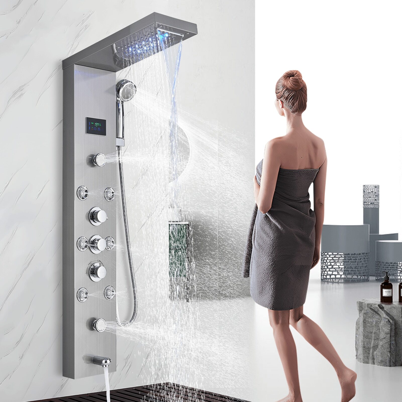 Bathroom Shower Panel Tower System LED Temperature Display Body Massage