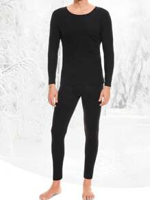 Men's Solid Color Thermal Underwear Set, Inner Fleece Thermal Underwear Ultra Light Top Bottom Long Sleeved Underwear Winter Skiing Underwear