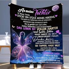 舒适的法兰绒毯子 - 蝴蝶翅膀和云朵背景设计，经典信封风格适合女儿，黑色、蓝色和紫色色调的数码印刷 - 非常适合客厅、卧室、沙发和露营 - 送给女儿的理想礼物 - 彩色 - 查看 3