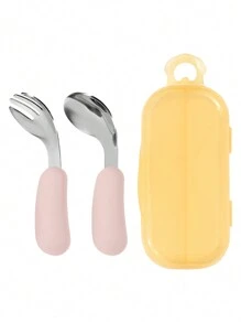 2件装个性定制名字儿童不锈钢硅胶叉勺便携餐具弯曲餐具定制儿童食物配件
