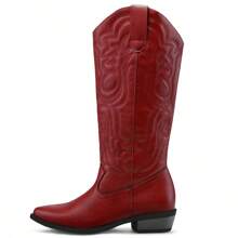 PENNYSUE Women Cowboy Boots Mid Calf Cowgirl Boots Embroidered Western Pointed Toe Chunky Heel Pull On Knee High Boots - 紅色 - 查看 2
