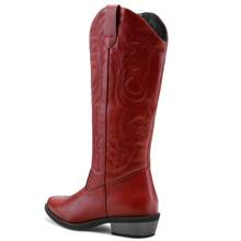PENNYSUE Women Cowboy Boots Mid Calf Cowgirl Boots Embroidered Western Pointed Toe Chunky Heel Pull On Knee High Boots - 紅色 - 查看 4