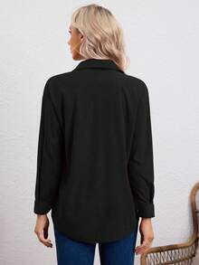 CAMISA UNICOLOR DE PANA,CAMISA DE MANGA LARGA,BLUSA CON BOTÓN DELANTERO Y PARCHE DE BOLSILLO,BLUSAS INFORMAL DE MUJER - Negro - Ver 2