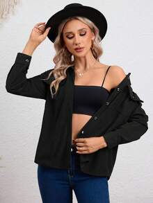 CAMISA UNICOLOR DE PANA,CAMISA DE MANGA LARGA,BLUSA CON BOTÓN DELANTERO Y PARCHE DE BOLSILLO,BLUSAS INFORMAL DE MUJER - Negro - Ver 6