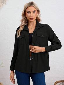 CAMISA UNICOLOR DE PANA,CAMISA DE MANGA LARGA,BLUSA CON BOTÓN DELANTERO Y PARCHE DE BOLSILLO,BLUSAS INFORMAL DE MUJER - Negro - Ver 5