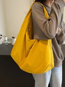 Túi đeo vai vải canvas thông thường, màu trơn tối giản, túi tote dung tích lớn để đi làm và mua sắm, phong cách Hàn Quốc mới - Màu vàng - Xem 2