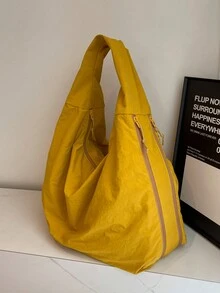 Túi đeo vai vải canvas thông thường, màu trơn tối giản, túi tote dung tích lớn để đi làm và mua sắm, phong cách Hàn Quốc mới - Màu vàng - Xem 6