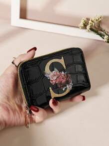 Cartera organizadora de tarjetas con cremallera alrededor, estampado de flores y hojas en acuarela, letras del alfabeto con relieve de piedra y estampado de cocodrilo, de múltiples capas, portátil y minimalista, ideal como regalo de aniversario, cumpleaños, para pareja, niña, mujer, para llevar a la escuela, universidad o como complemento de moda - Negro - Ver 23