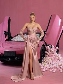 Faeriesty Elegant Strapless Corset Evening Gown With High Slit & Detachable Opera Gloves – Flattering Silhouette, Asymmetrical Side Draping For Red-Carpet Galas, Black-Tie Weddings, Luxury Anniversary Parties, Formal Charity Events,Party Dress,Wedding Guest - Dusty Pink - View 4