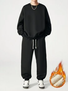 大码男士休闲宽松保暖内衬运动衫和裤子套装，秋冬