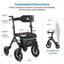 WALK MATE Tall Seniors-Folding Adjustable Aluminum Rollator Walker With Seat 12" Front Wheel + 10" Rear Wheel - 黑色 - 查看 8