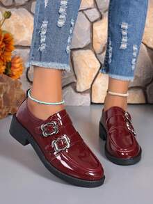 2024 春秋英伦风厚底粗跟小皮鞋女款百搭搭配裙子复古乐福鞋圆头玛丽珍鞋一脚蹬厚底鞋校园风 - 紅色 - 查看 4