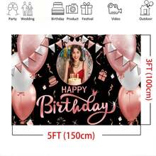 Decoración personalizada para fotografías: Globo de cumpleaños de oro rosa, telón de fondo de tela, corona de princesa de strass de oro rosa, banner de vinilo para decorar la mesa del pastel en la fiesta de cumpleaños