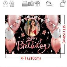 Decoración personalizada para fotografías: Globo de cumpleaños de oro rosa, telón de fondo de tela, corona de princesa de strass de oro rosa, banner de vinilo para decorar la mesa del pastel en la fiesta de cumpleaños
