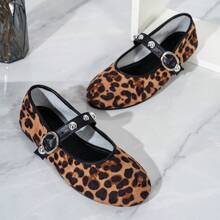 Women's Round Toe Faux Suede Leopard Print Patchwork Rivet Decor Ballet Flat Shoes With Buckle, Comfortable Mary Jane Style, Autumn/Winter