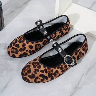 Women's Round Toe Faux Suede Leopard Print Patchwork Rivet Decor Ballet Flat Shoes With Buckle, Comfortable Mary Jane Style, Autumn/Winter
