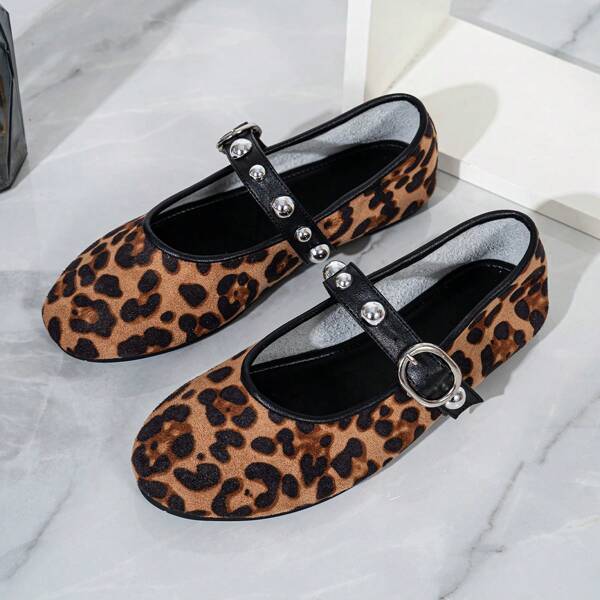 Sapatos Femininos De Bico Redondo,, Estampa De Leopardo, Patchwork, Decoração Com Rebites, Sapatilhas De Balé Com Fivela, Estilo Mary Jane Confortável, Outono/Inverno