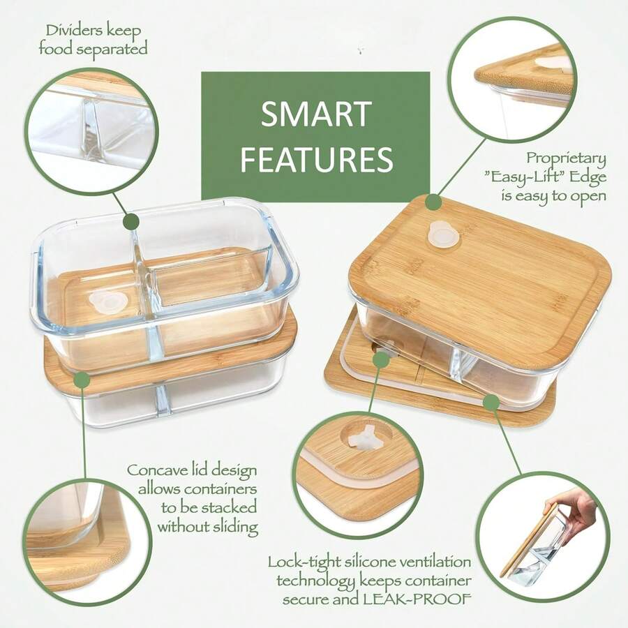 Box Containers With Bamboo Lids, 3 Compartment Glass Meal Prep