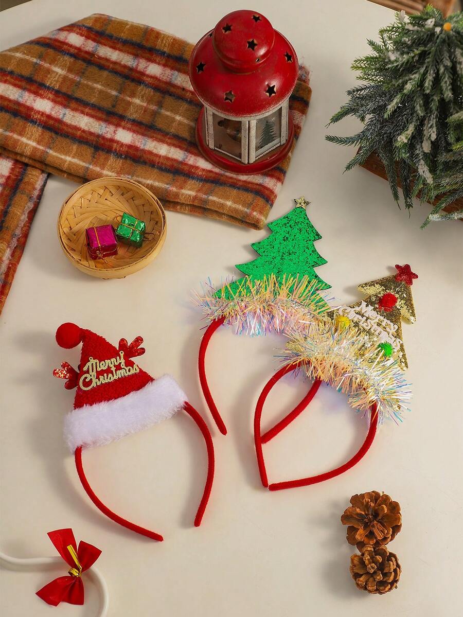 3 件套圣诞帽、圣诞树发箍女士头带套装、可爱优雅，适合圣诞派对和节日 - 彩色 - 查看 1