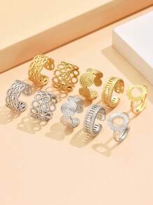 5 件/套优雅空心编织不锈钢可调节戒指，适合日常女士佩戴 - 套裝戒指 - 查看 1