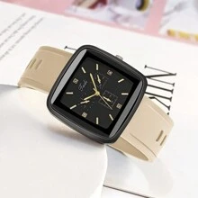 1 pieza Reloj de pulsera cuadrado unisex con correa de silicona caqui, reloj de cuarzo de moda para hombres y mujeres - Caqui - Ver 3