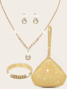 LETODE 4 món phụ nữ Rhinestone buổi tối túi cầm tay Rhinestone kẹp tai vòng đeo tay cưới cô dâu choker Dangle Bling Glitter ví - Vàng - Xem 2