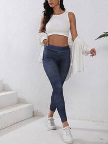 Women's Blue Denim Effect Print Shapewear Leggings, High Waisted Tummy Control Yoga Pants For Gym Sports Outdoor