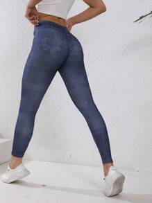 Women's Blue Denim Effect Print Shapewear Leggings, High Waisted Tummy Control Yoga Pants For Gym Sports Outdoor