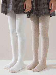 2 piezas Leggings para niñas, unicolor - caqui, beige, blanco, ajustados, a rayas, estilo universitario, estilo princesa, mallas de largo completo, aptos para uso diario, otoño/invierno - Multicolor - Ver 8
