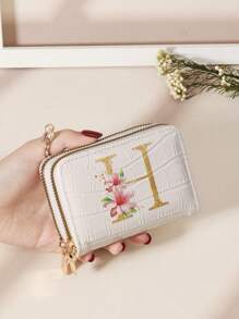 1 件首字母名称 A 到 Z 图案双拉链多功能零钱包字母图形多卡卡片整理器用于存储卡片学校用品学校宿舍圣诞节礼物感恩节卡夹钱包名片夹信用卡夹女士女士钱包迷你钱包钱包钱包卡钱包 - 白色 - 查看 25