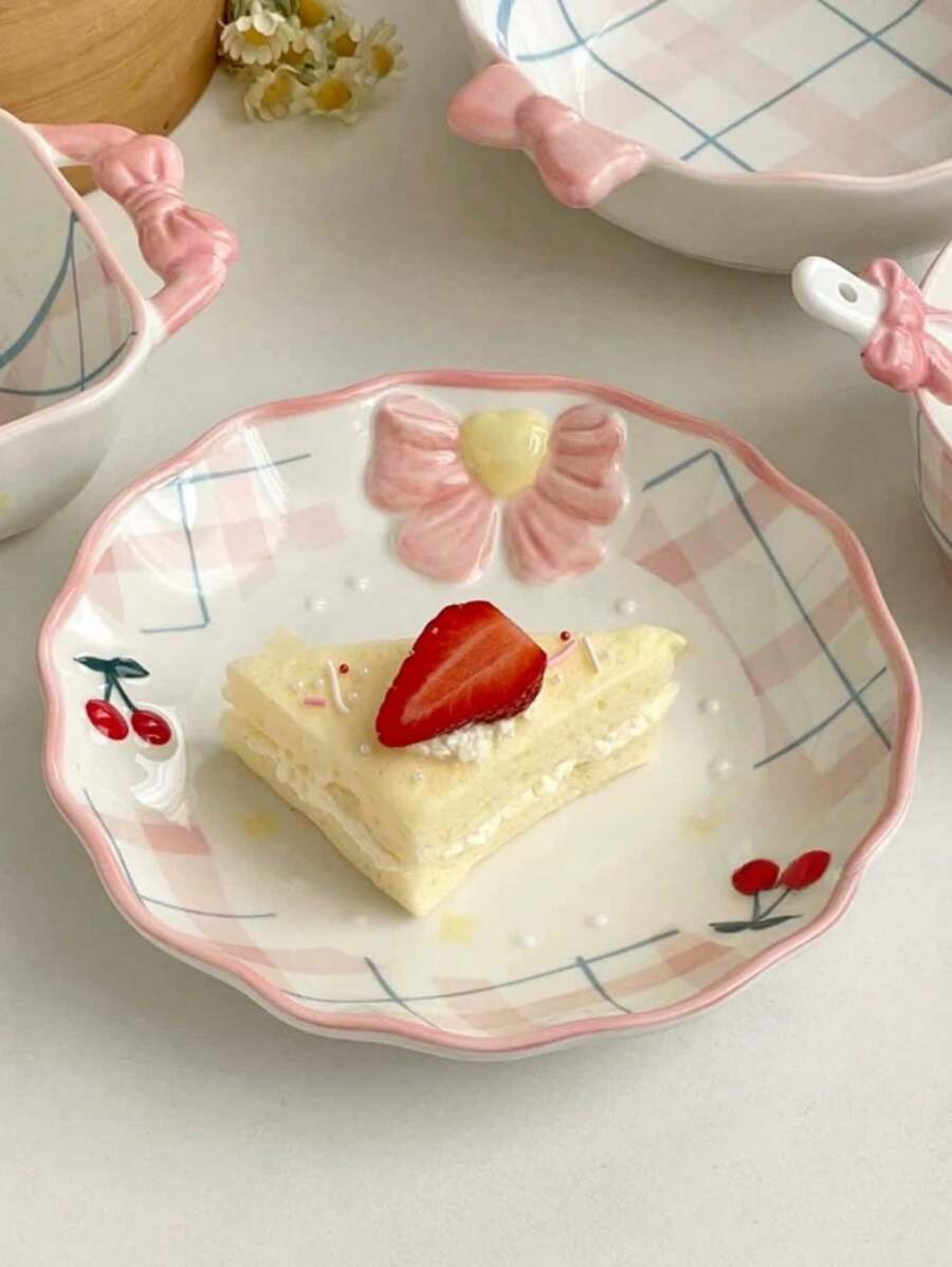 1 Bộ đồ ăn thiết kế hình quả anh đào đáng yêu, đĩa dùng hàng ngày chất lượng cao tại nhà, đĩa ăn sáng, bát nhỏ, bát đựng salad, thìa, thích hợp cho gia đình, nhà hàng, cửa hàng tráng miệng - bộ đồ ăn anh đào - Xem 1