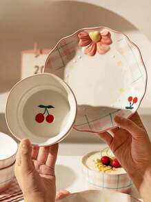 1 Bộ đồ ăn thiết kế hình quả anh đào đáng yêu, đĩa dùng hàng ngày chất lượng cao tại nhà, đĩa ăn sáng, bát nhỏ, bát đựng salad, thìa, thích hợp cho gia đình, nhà hàng, cửa hàng tráng miệng - bộ đồ ăn anh đào - Xem 3